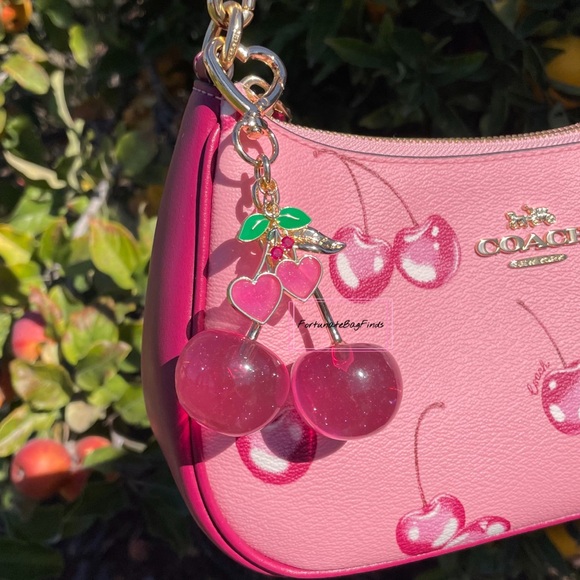 Heart Cherry Bag Charm Hot Pink Cherries Purse Keychain FortunateBagFinds - Picture 1 of 12